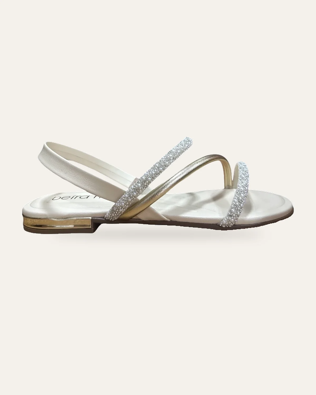 Sandália rasteira ostra cristal branco furtacor pérola furta dourado creme