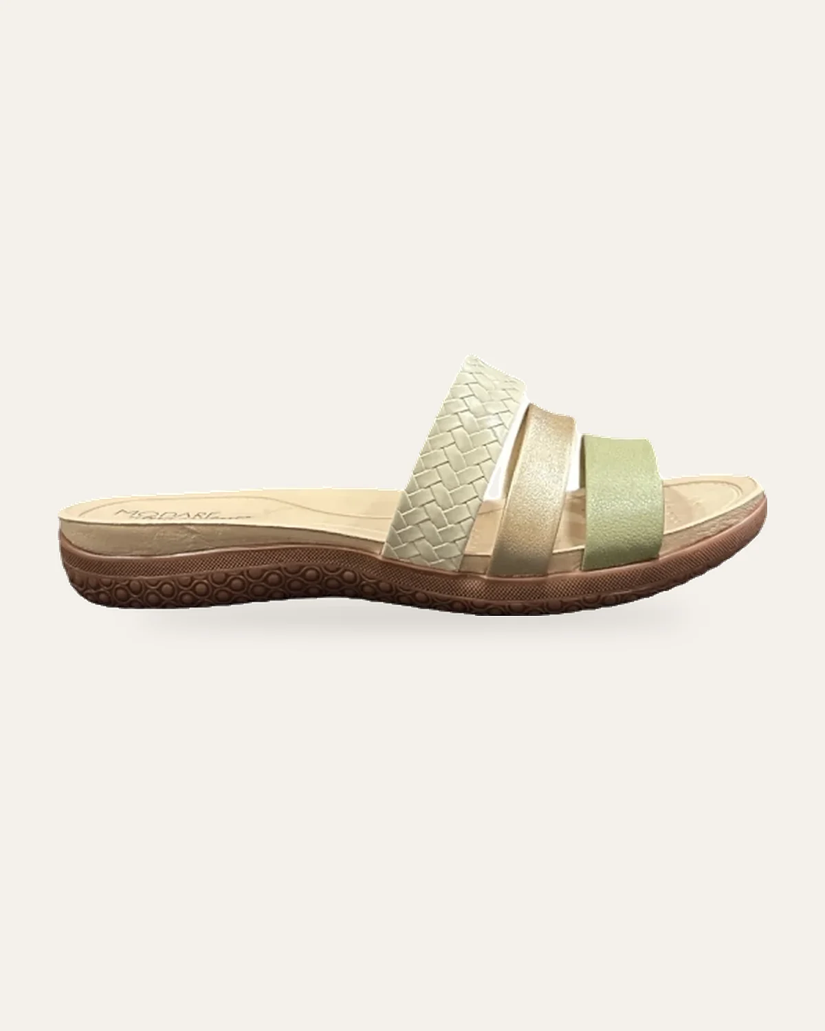 Tamanco creme verde dourado